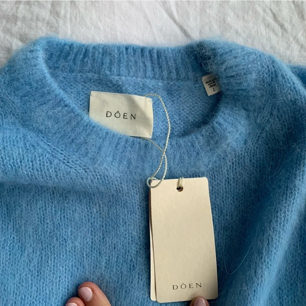 NWT Doen Hearst Alpaca Wool Brushed Puff Short Sleeve Sweater Top Seashore Blue